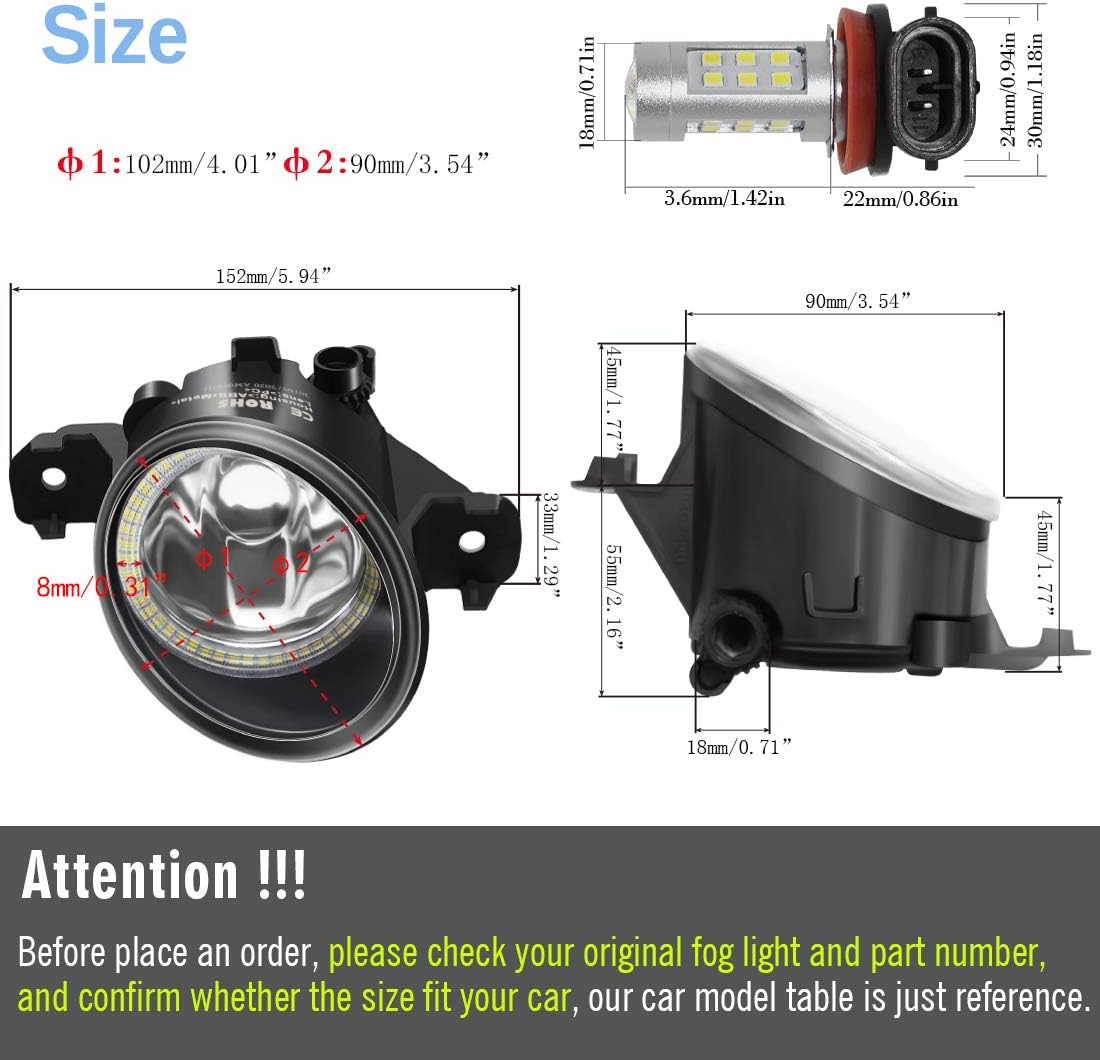 Updated Fog Light with LED Halo Ring DRL for Nissan Sentra Altima Rogue Versa Note Murano Pathfinder Maxima Kicks Juke Infiniti M35 M45 G37 QX60 JX35 White Angel Eye
