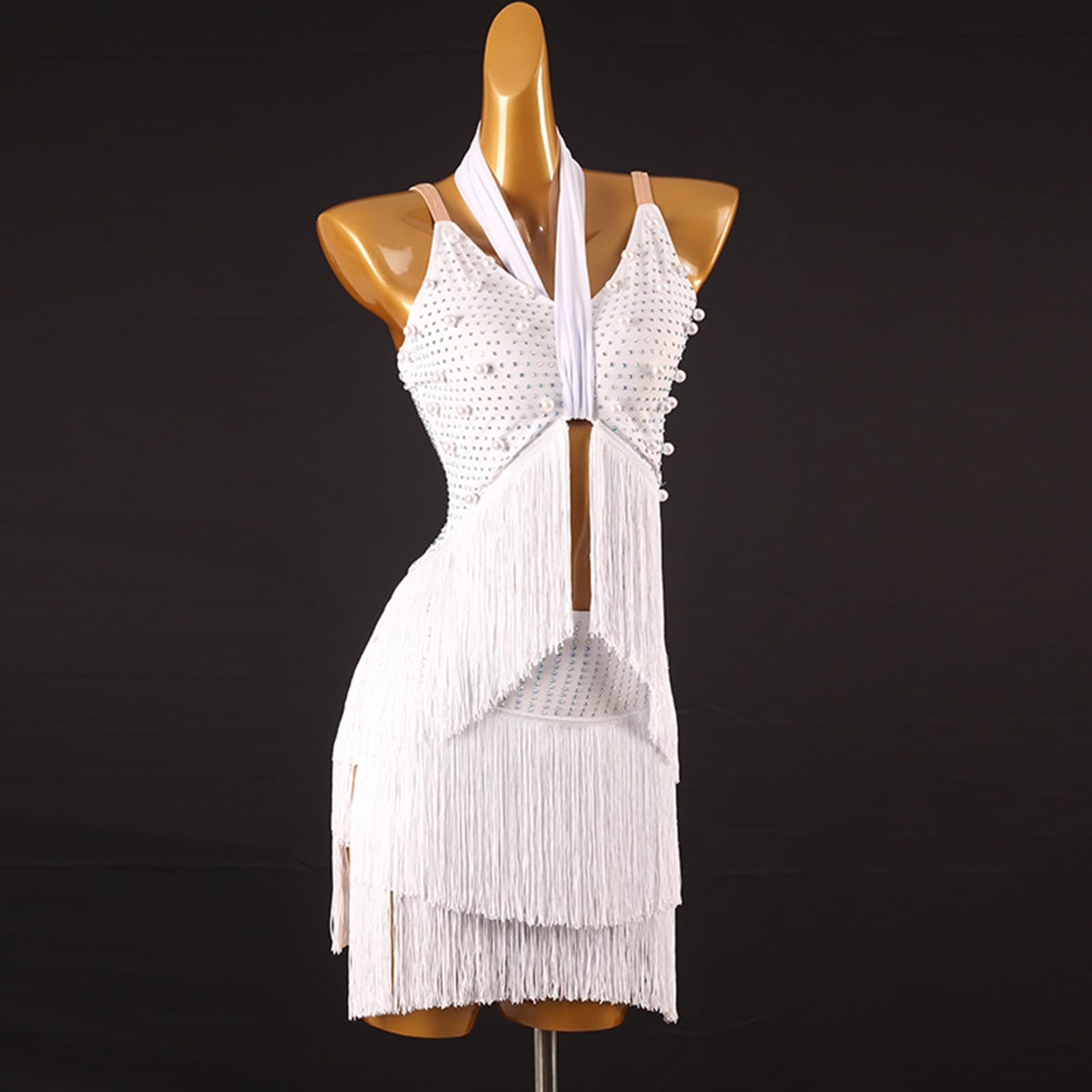 Damen Lateinrock Ballsaal Tanzkleid Hängende Nackenträger Wettbewerbskleidung Ärmellos Quasten Tanzrock Rumba Samba Cha Cha Tanzkleidung