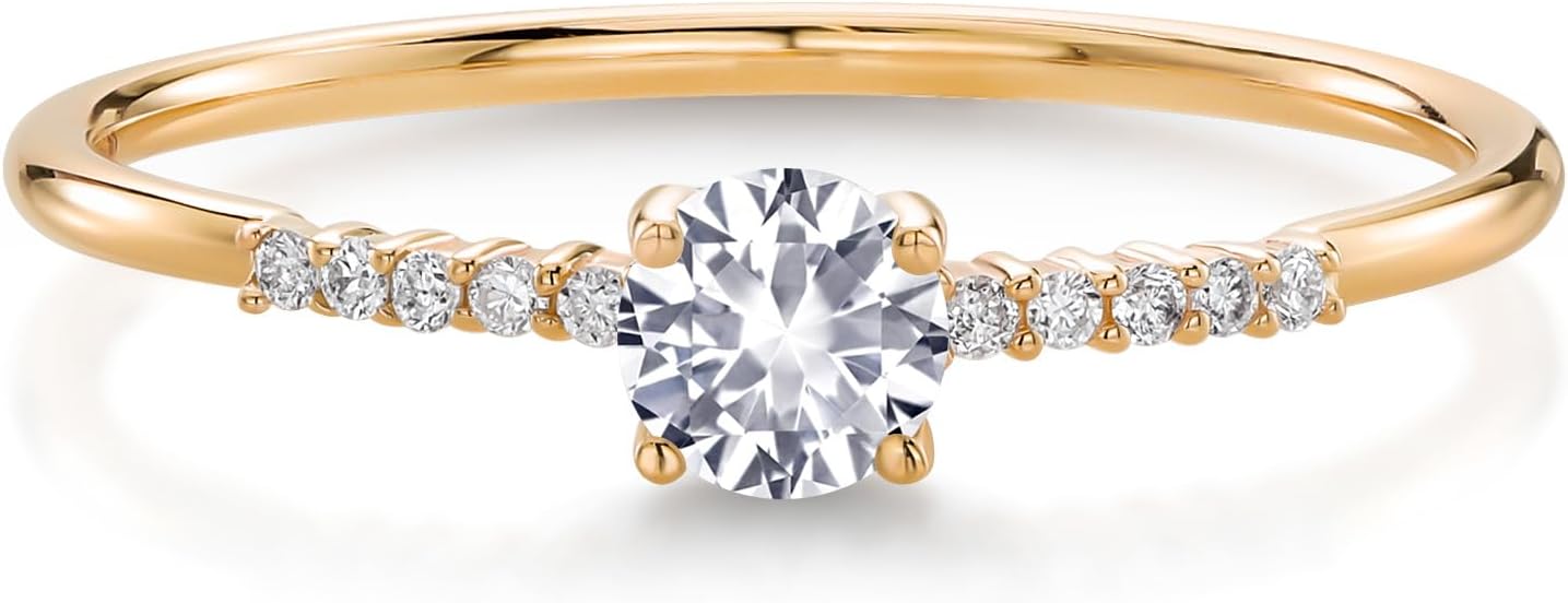 Gem Stone King 10K Yellow Gold White Created Sapphire and Lab Grown Diamond Engagement Ring For Women | 0.30 Cttw | Round 4MM | Gemstone September Birthstone | Available in Size 5, 6, 7, 8, 9