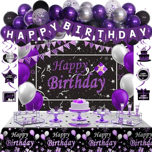Black Purple Birthday Decorations for Women Girls Men Purple and Silver Party Decorations Happy Birthday Banner Backdrop Confetti Silver Balloons Arch Hanging Swirls Party Supplies Tablecloth