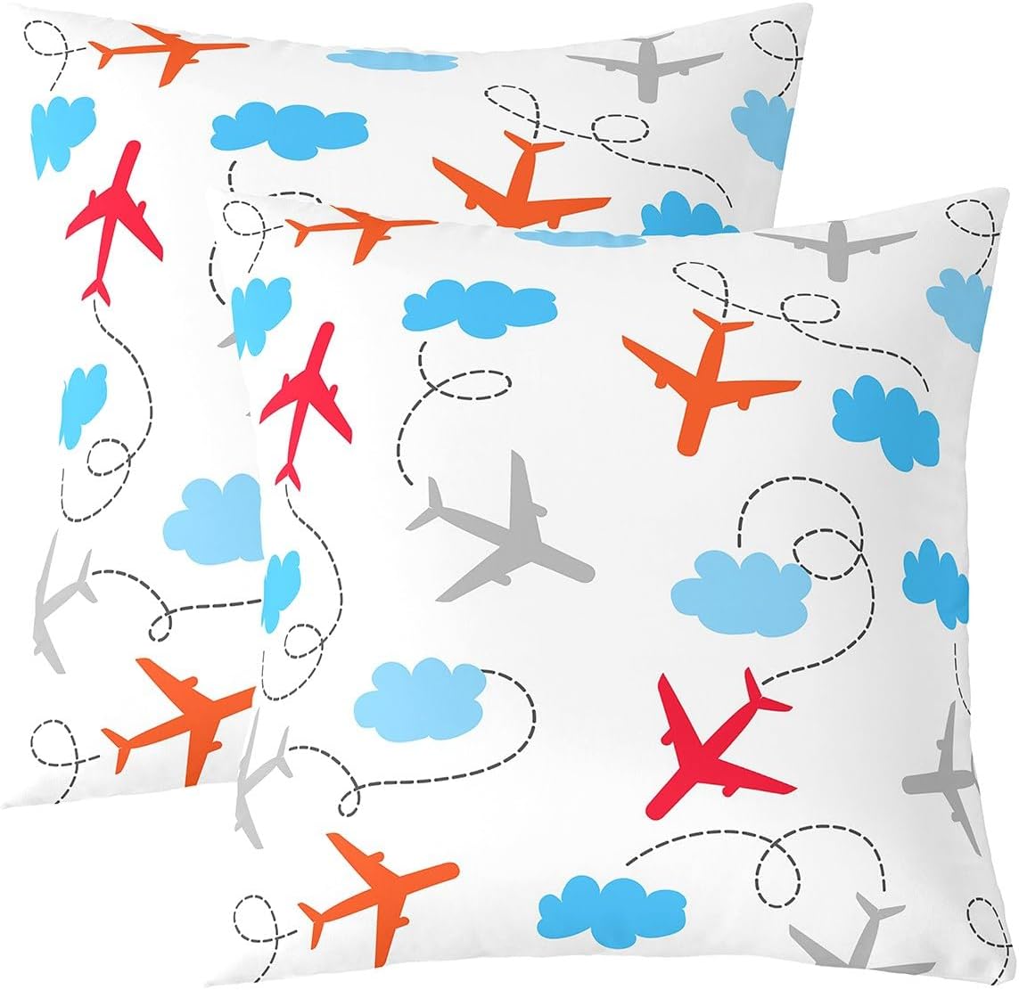 Set of 2 Cartoon Airplane Throw Pillow Covers 24x24 Inch, Watercolor Aircraft Pillow Covers For Young, Blue Red Orange Sky Clouds Flying Plane Cushion Covers, Hand Drawn Abstract Cushion Cases