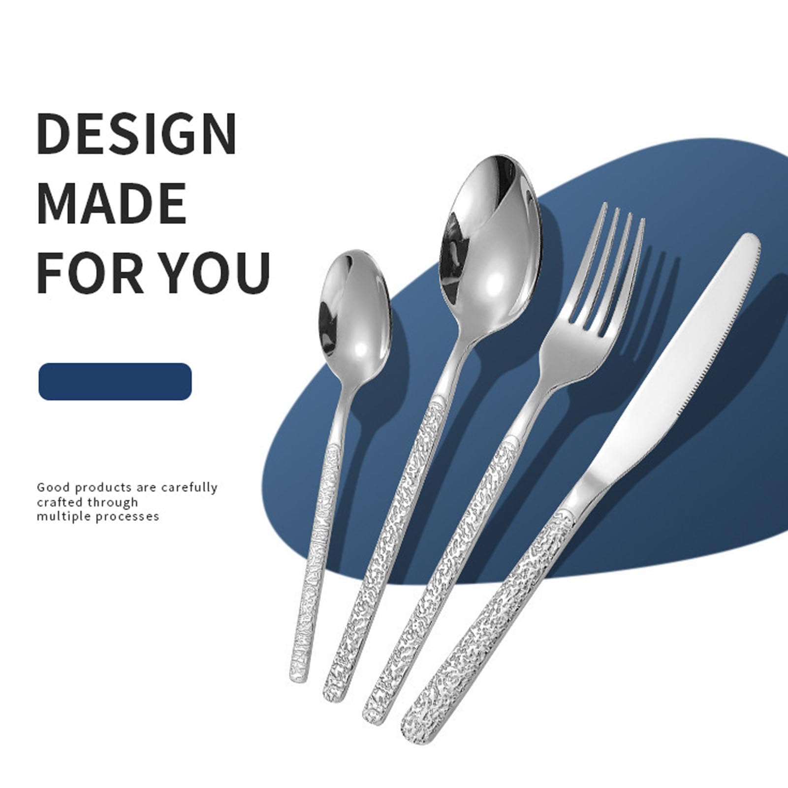 Fdit Juego de Cubiertos para 6 Personas, Juego de Cubiertos de Acero Inoxidable de 24 Piezas con Acabado Plateado, de con Patrón Martillado para Mesa de Comedor, (SILVER)