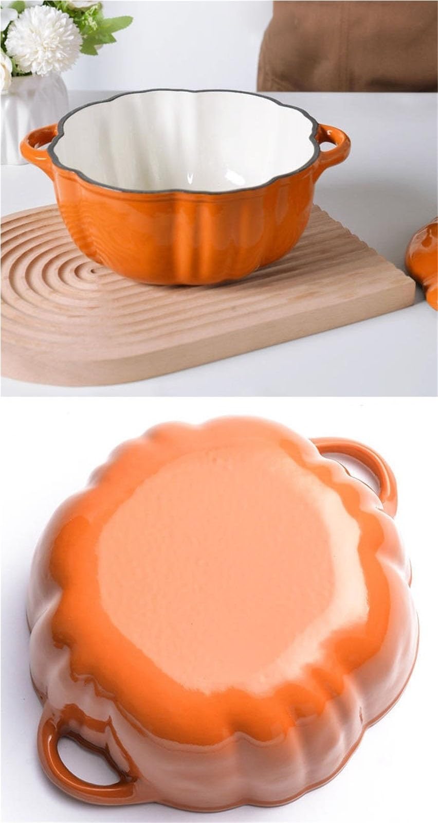 Żeliwny Garnek Żeliwny W Kształcie Dyni Z Pokrywką, Garnek Żeliwny W Kształcie Dyni, 4-QT, Porcja Dla 3-5 Osób, Podwójny Uchwyt, Dekoracja Na Halloween(7.9in)