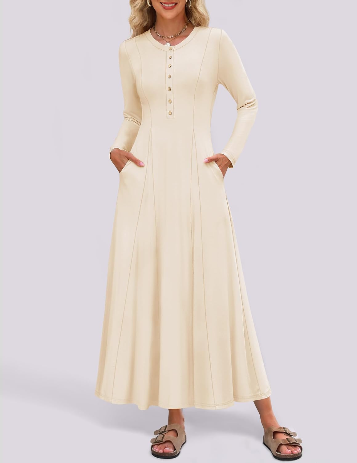 ZESICA Women's Elegant Maxi Dresses 2026 Fall Long Sleeve Button Casual A Line Boho Flowy Dress with Pockets - Image 3