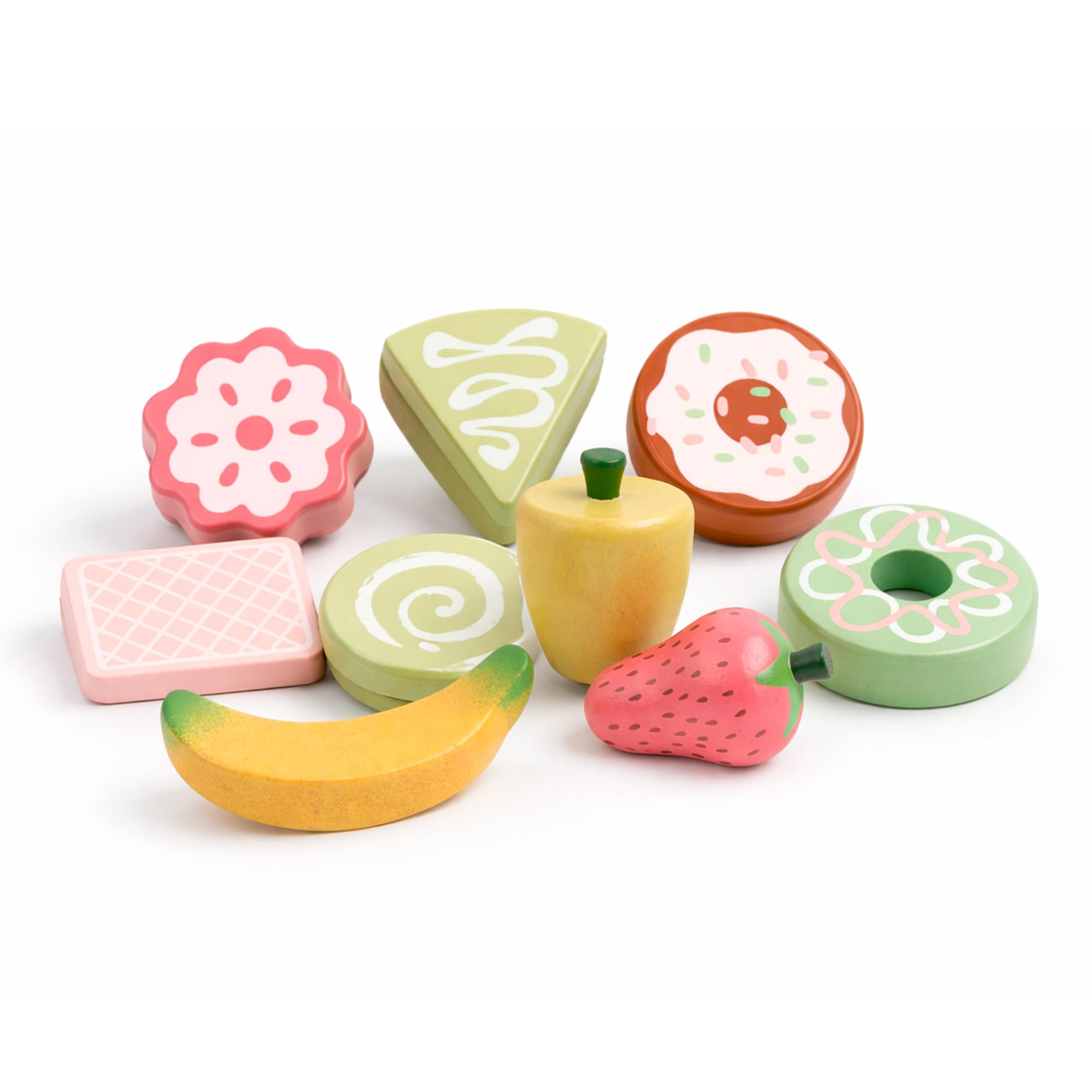 Mamabrum Holz Kinderladen Marktstand Zweistöckig Tragbar 24-Teiliges Set Obst und Dessert Rollenspiel Spielzeug für Kinder ab 24 Monaten, 17,9 x 32,0 x 27,4 cm
