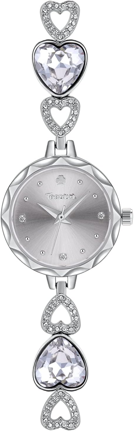 SIBOSUN Ladies Watches Heart Shaped Jewelry Bracelet Watch Women Watches Crystal Diamond Analogue Quartz Bling Silver Stainless Steel Wrist Watch Mother's Gift White