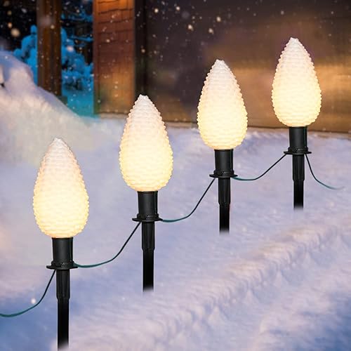 Miniatura 1 de Luces de camino de Navidad C9, 6.5 pies de estaca de piña con 4 piñas blancas LED C9 gigantes, luces de marcador de camino al aire libre conectables