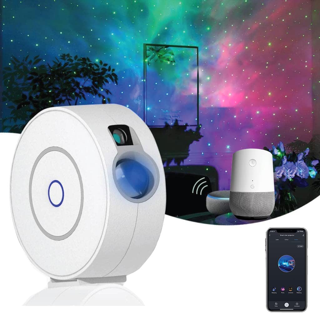 Okos Smart Wifi Star Night Light Lamp Projector | Moving Light Stars & Colorful Led Nebula Starry Projection | App Control/Voice Commands/Ceiling Wall Projector For Kids, Party - Plastic, White