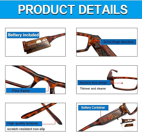 Vista 4 de Gafas de lectura LED brillantes con luces, lentes de lectura, lupa iluminada, para lector nocturno, lentes compactos de marco completo, visión Negro