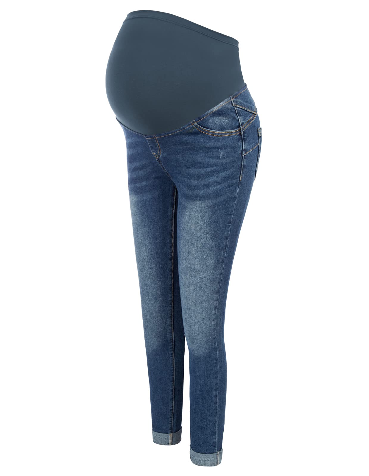 Maacie Pantalones de maternidad largos elásticos vaqueros para embarazo, cómodos vaqueros para primavera y verano, Azul claro con dobladillos enrollados, S