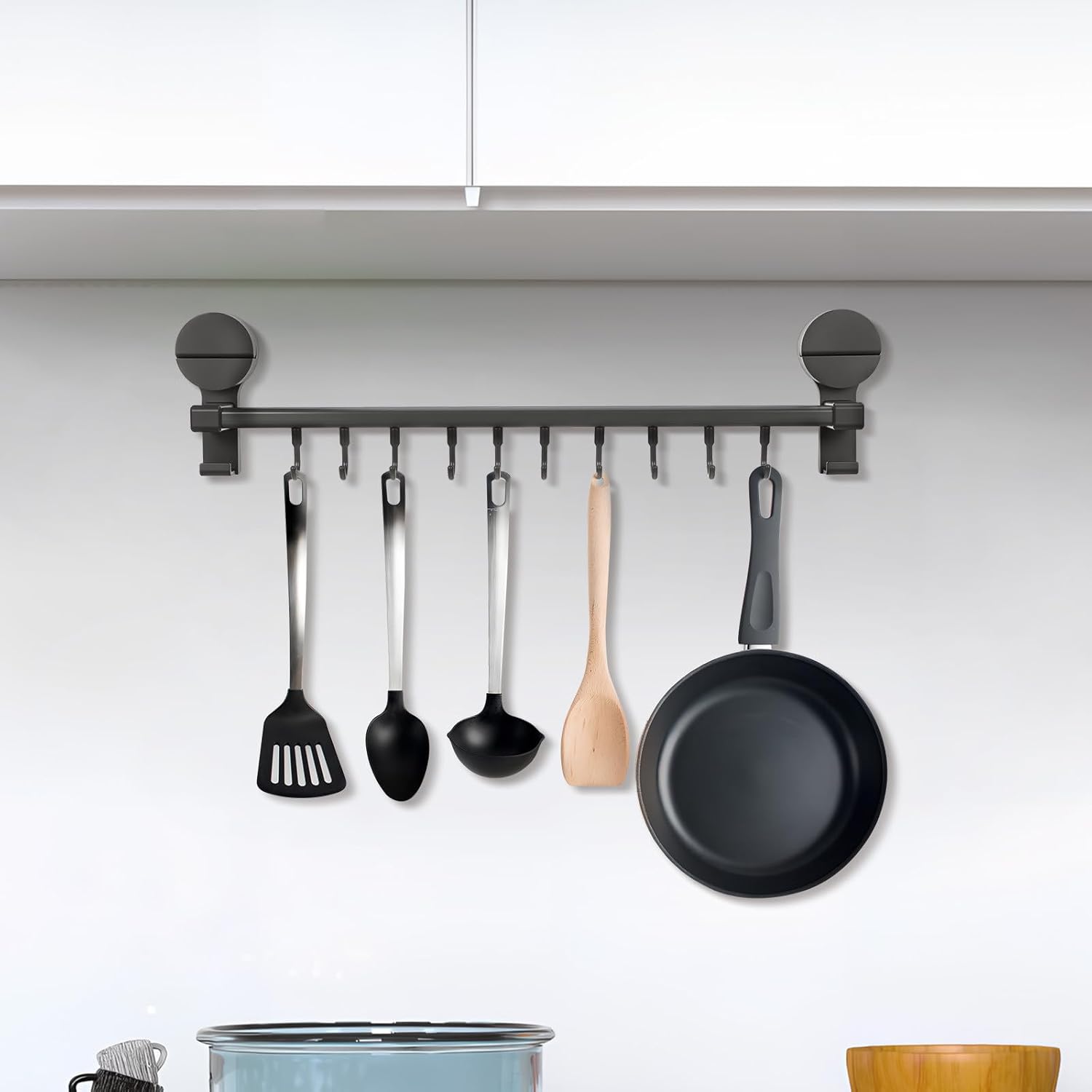 Kitchen Wall Hooks Utensil Holder with 10 Removable Suction Hooks, No-Drill Adjustable Double Rod Rack for Hanging Spatulas, Spoons, Mugs, for Kitchen Organization and Cooking