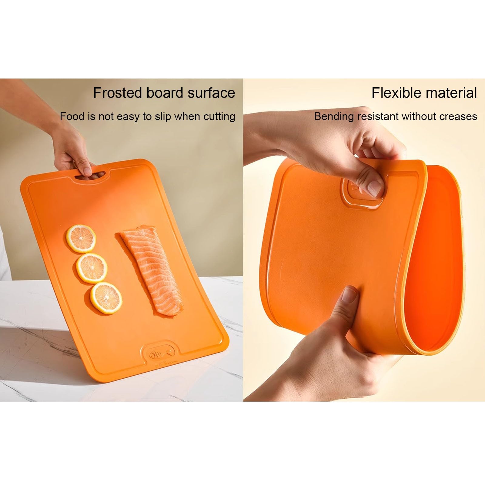 Tabla Cortar Cocina Doble Cara, Tabla de Cortar Cocina TPU, Flexibles, Livianas y Flexibles, Fáciles de Limpiar, se Pueden Colgar, Tapete de Corte para Carne, Queso, Frutas y Verduras(Orange,Medium)