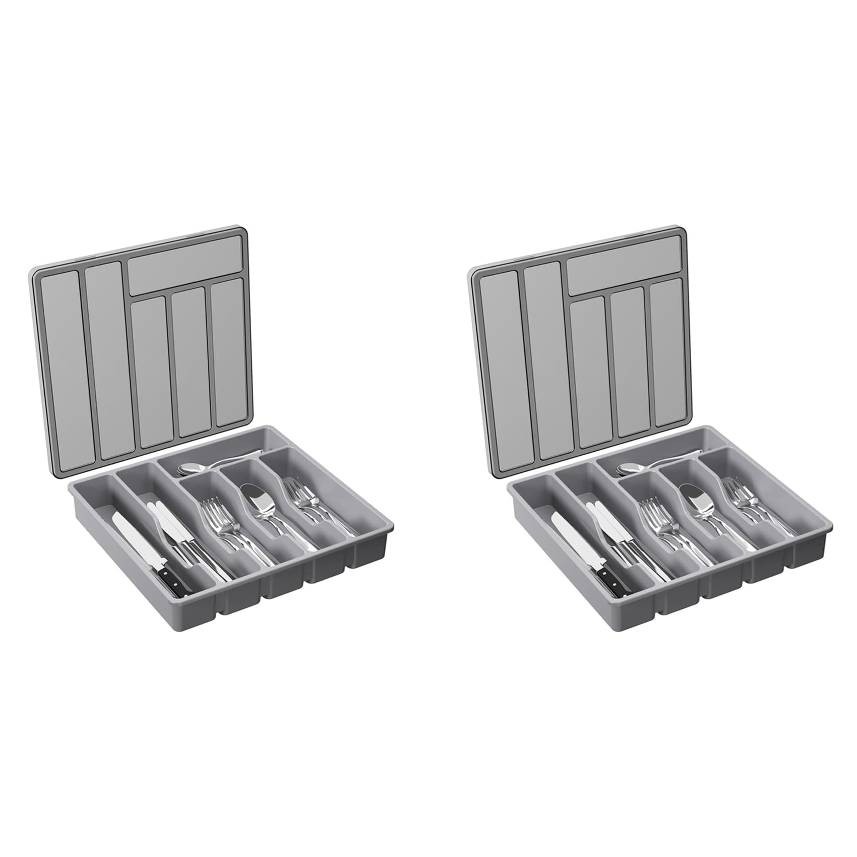 Hndhbfgrt 2X Silverware Organizer with Lid,Covered Utensil Tray for Kitchen Drawer Plastic Cutlery and Flatware Gray
