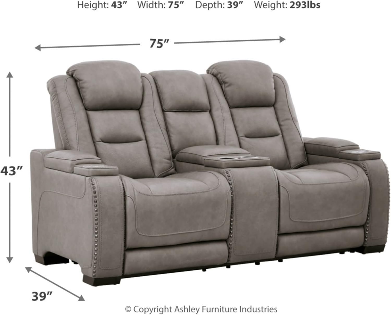 Signature Design by Ashley The Man-Den Leather Power Reclining Loveseat with Center Console, Adjustable Headrest  Wireless Charging, Gray Signature Design by Ashley The Man-Den Leather Power Reclining Loveseat with Center Console, Adjustable Headrest  Wireless Charging, Gray