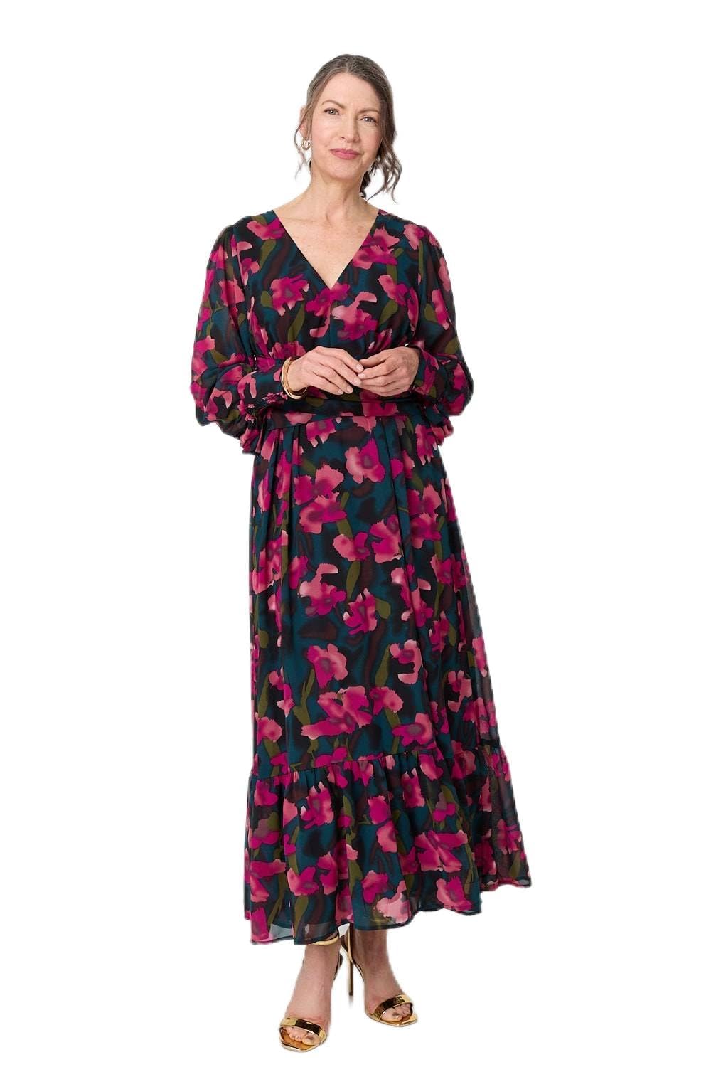 Izabel London Women's Green Floral Ruched Long Sleeve Maxi Dress In | Size: 14