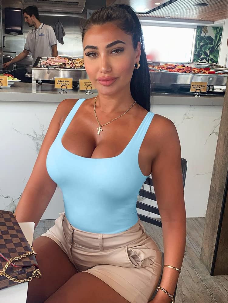 YFANG Women's Sexy Basic Bodysuit Sleeveless Double Lined Slim Fit Tank Tops - Image 4