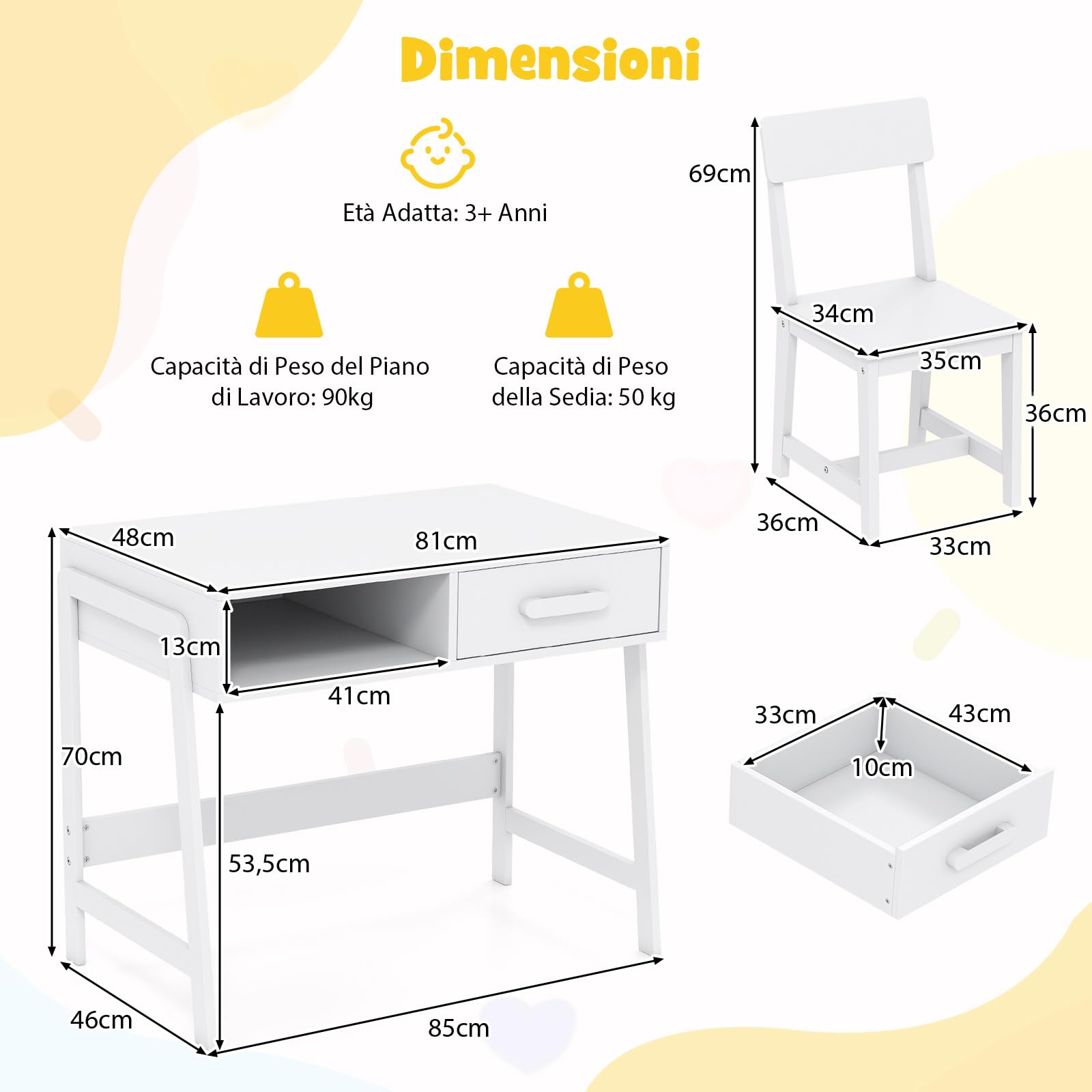 COSTWAY Set Tavolo e Sedia Bambini 3+ Anni, Scrivania e Sedia Legno Sicuro con Cassetto, Scrivania Ergonomica per Studio e Disegno (Bianco)