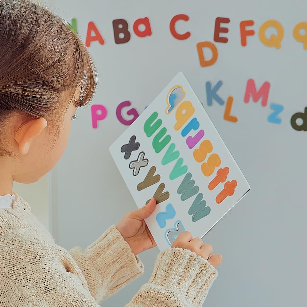 Hattung Magnetic Alphabet Set Extra-Thick, Multicolor Letters with Matching Flashcards - Safe, Non-Toxic Foam for Early Learning, Spelling, Vocabulary