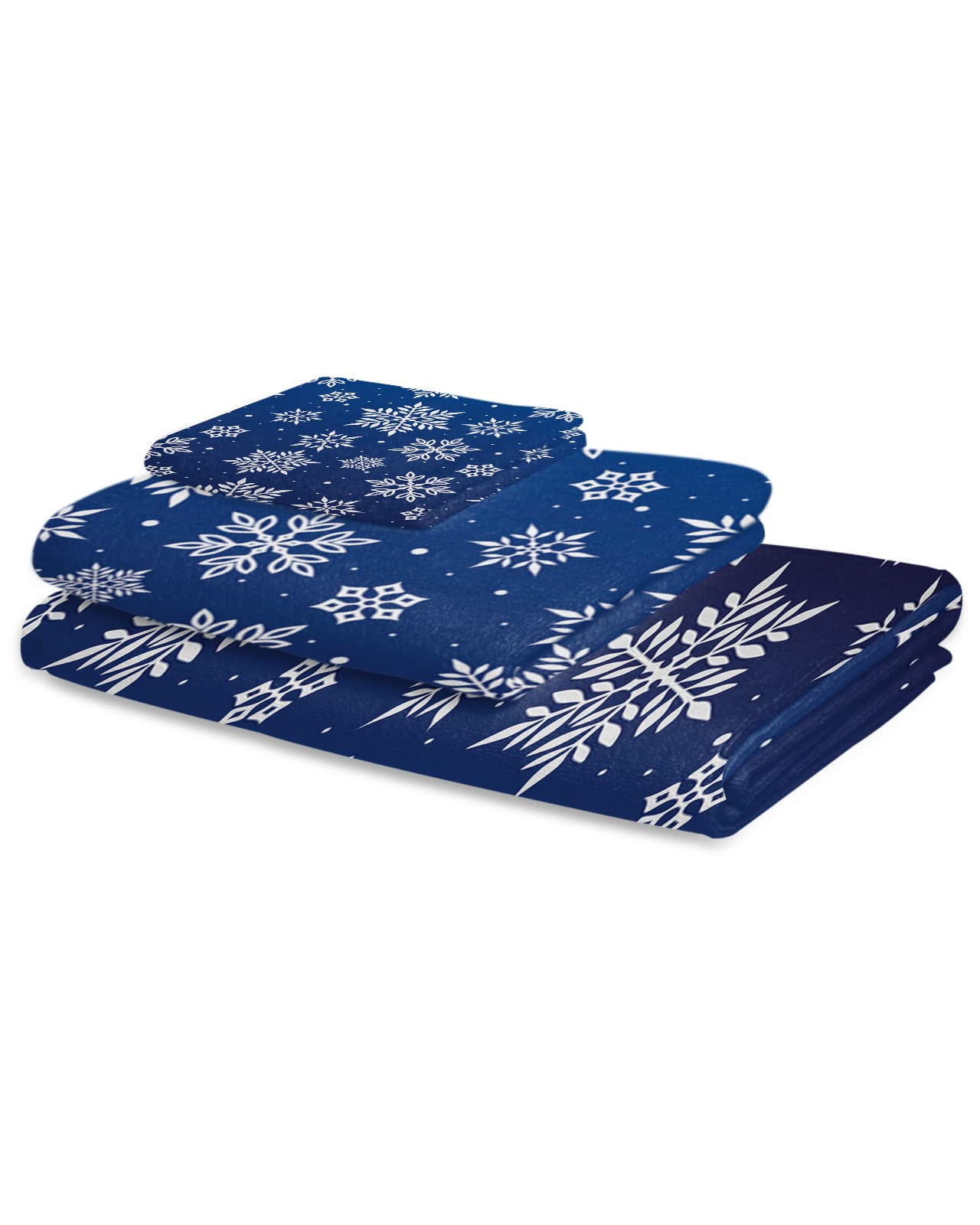 PIEPLE 3PCS Bath Towels Set, Christmas Snowflake Super Soft Absorbent Bath Towel-Hand Towel-Washcloth Luxury Beach Towel for Kitchen Shower Travel Winter Xmas Holiday Blue