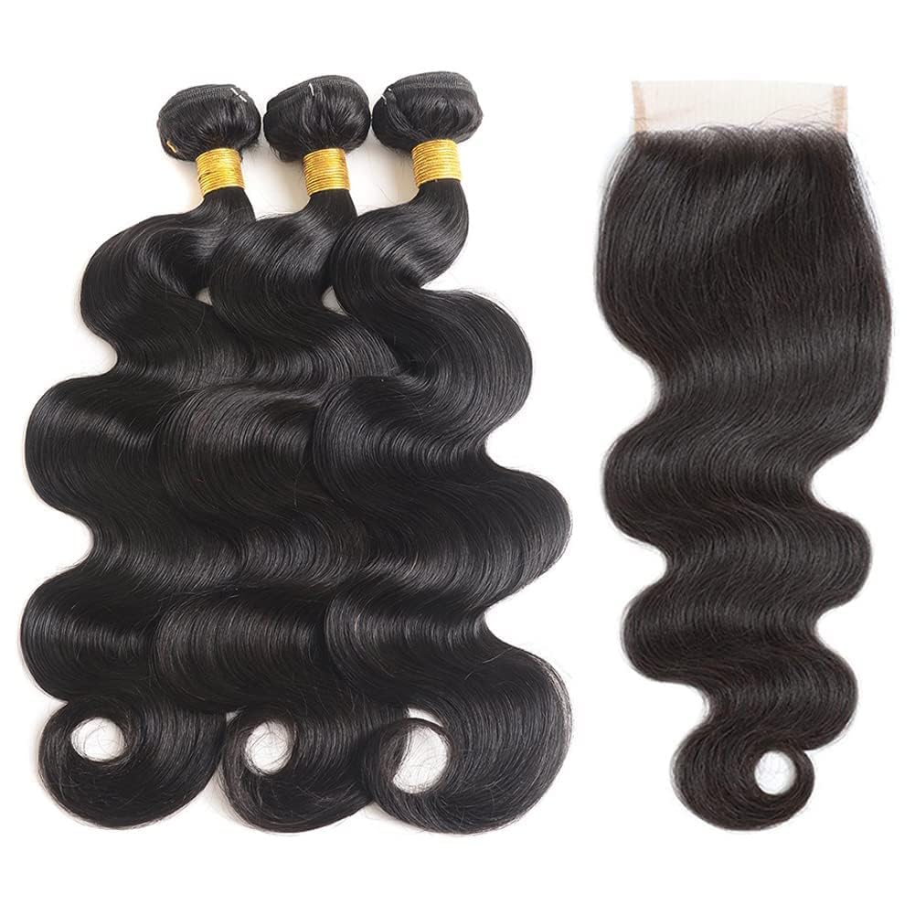 Body Wave Human Hair Bundles with Closure 10A Brazilian Human Hair 3 Bundles with 4x4 HD Lace Closure Free Part 100% Unprocessed Virgin Hair Natural Color（20 22 24 +18 Inch，Body Wave）