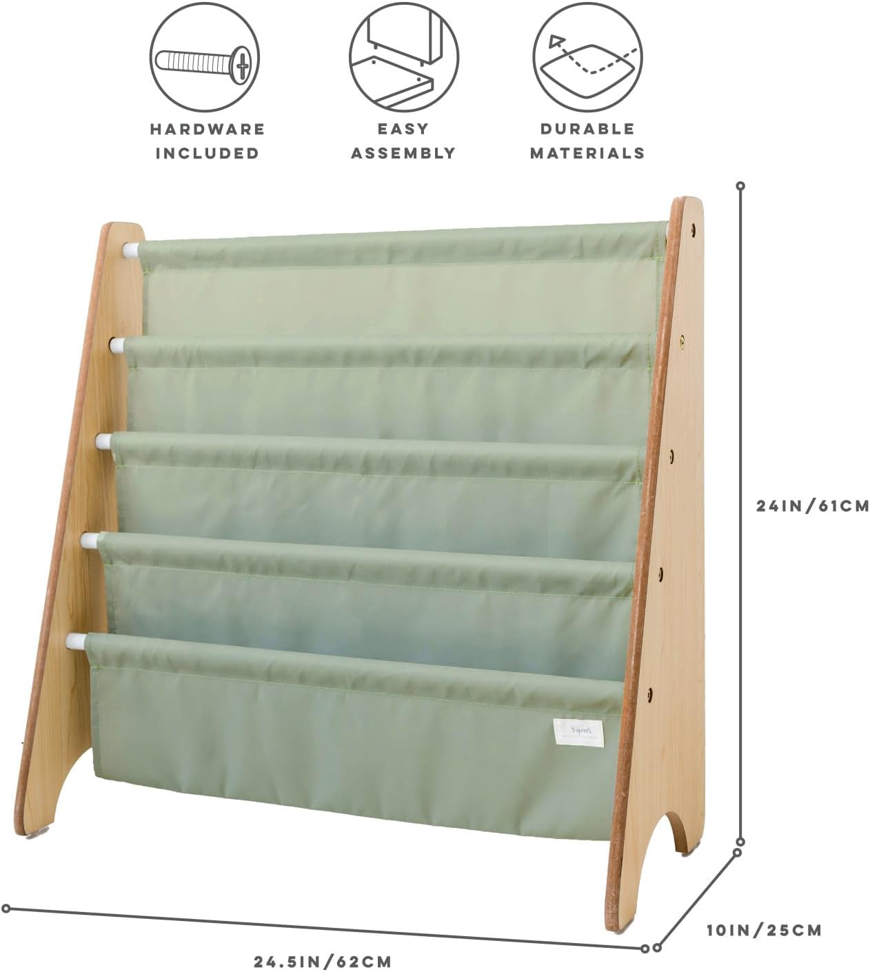 3 Sprouts Recycled Fabric Kids Bookshelf – 4-Tier Sling Book Rack Organizer - Nursery Room Playroom Classroom Wooden Book Shelves - Kid Bookcase Wood Storage Shelf for Toddler Age 3+ - Solid Green - Image 3