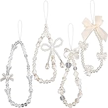 BOXOB 4pcs Mobile Phone Pendant, 4 Styles Hand Pendant for Mobile Phone with Loop and Beads Pearl for Camera Beautiful Decorative Keychain Women