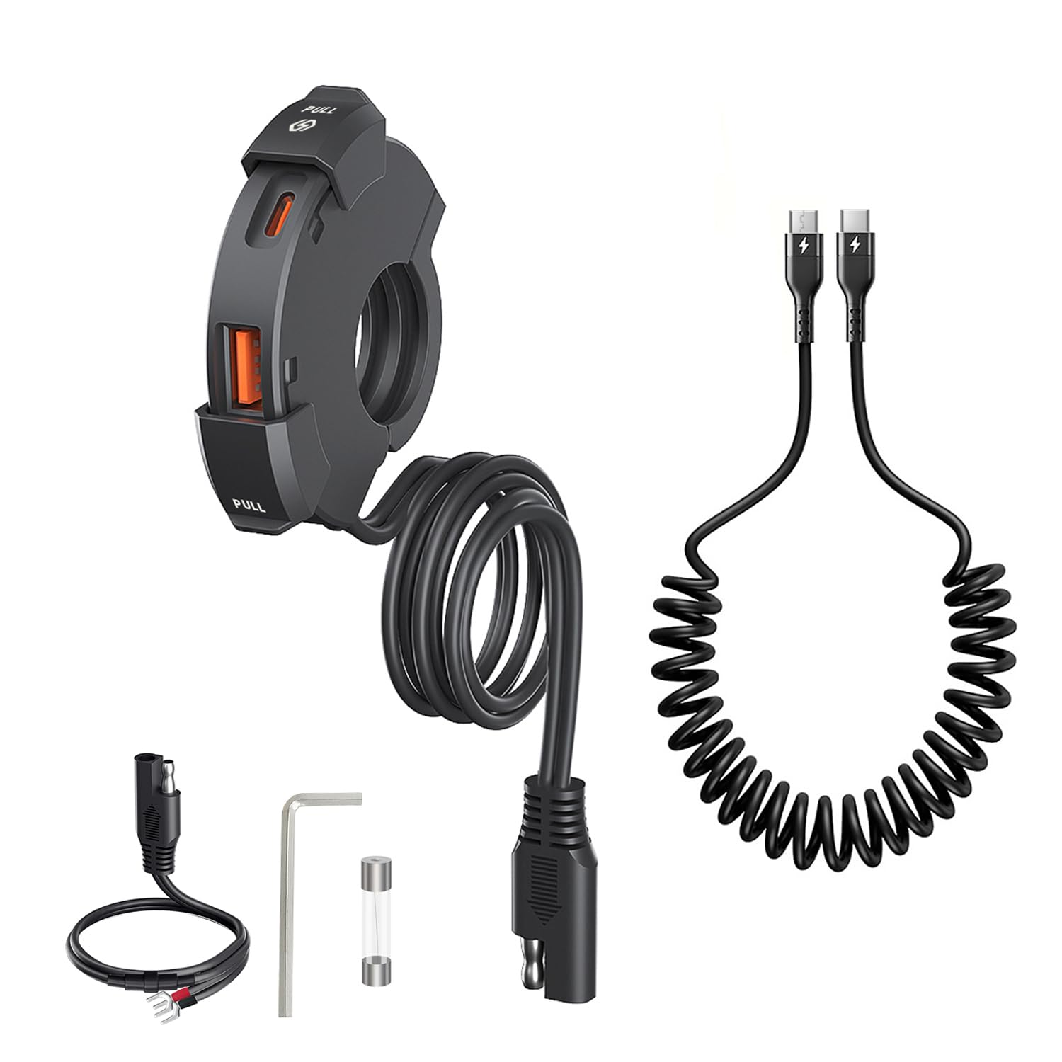 Hoembpn Motorcycle USB Charger 18W QC3.0 USB and 30W PD Type C Dual USB Port Waterproof Motorbike Phone Charger 12V USB Socket Adapter with 5A USB C to USB C Spring Cable