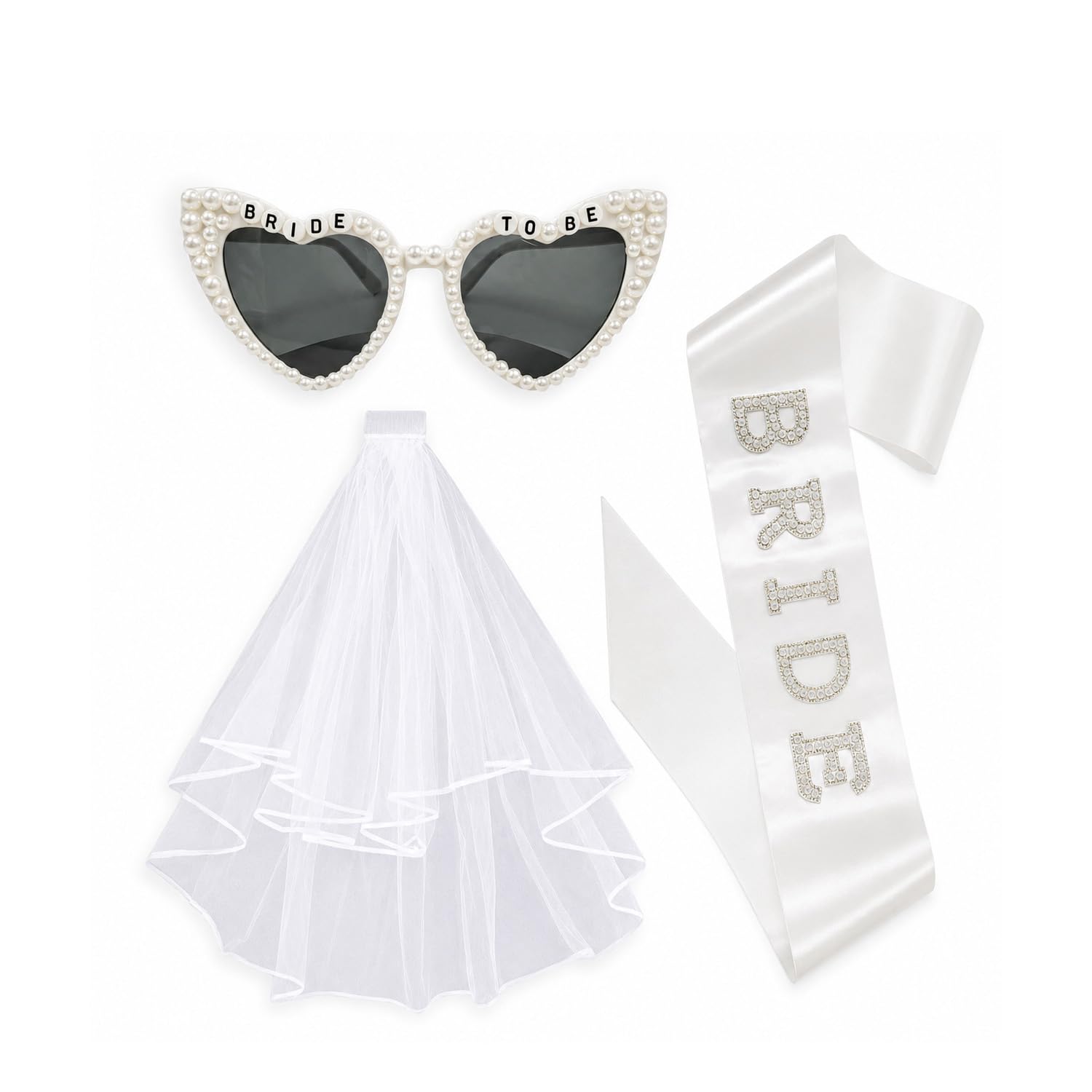 3Pcs Hen Party Accessories, Bride to Be Decorations with Bride Sunglasses, Pearl Sash and Veil, Hen Do Accessories for Bachelorette Party, Photo Booth Props