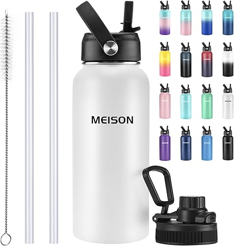 Botella de agua deportiva de 1 litro con aislamiento y pajita, reutilizable, boca ancha, aspiradora de acero inoxidable 188, doble pared, sin BPA