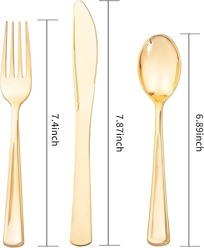 Miniatura 2 de Liacere 200 piezas de cubiertos de plástico dorados - Cubiertos de plástico dorados desechables incluyen 100 tenedores, 50 cucharas, 50 cuchillos.