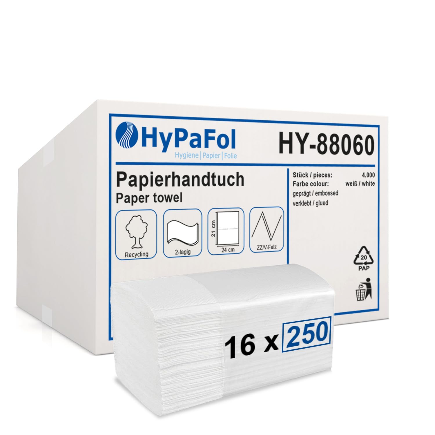 Hypafol Papierhandtücher 4000 Blatt | weiß | 2-lagig, 24x21 cm | praktischer V-Falz für Handtuchspender in Toiletten, Büros, Praxen & Studios