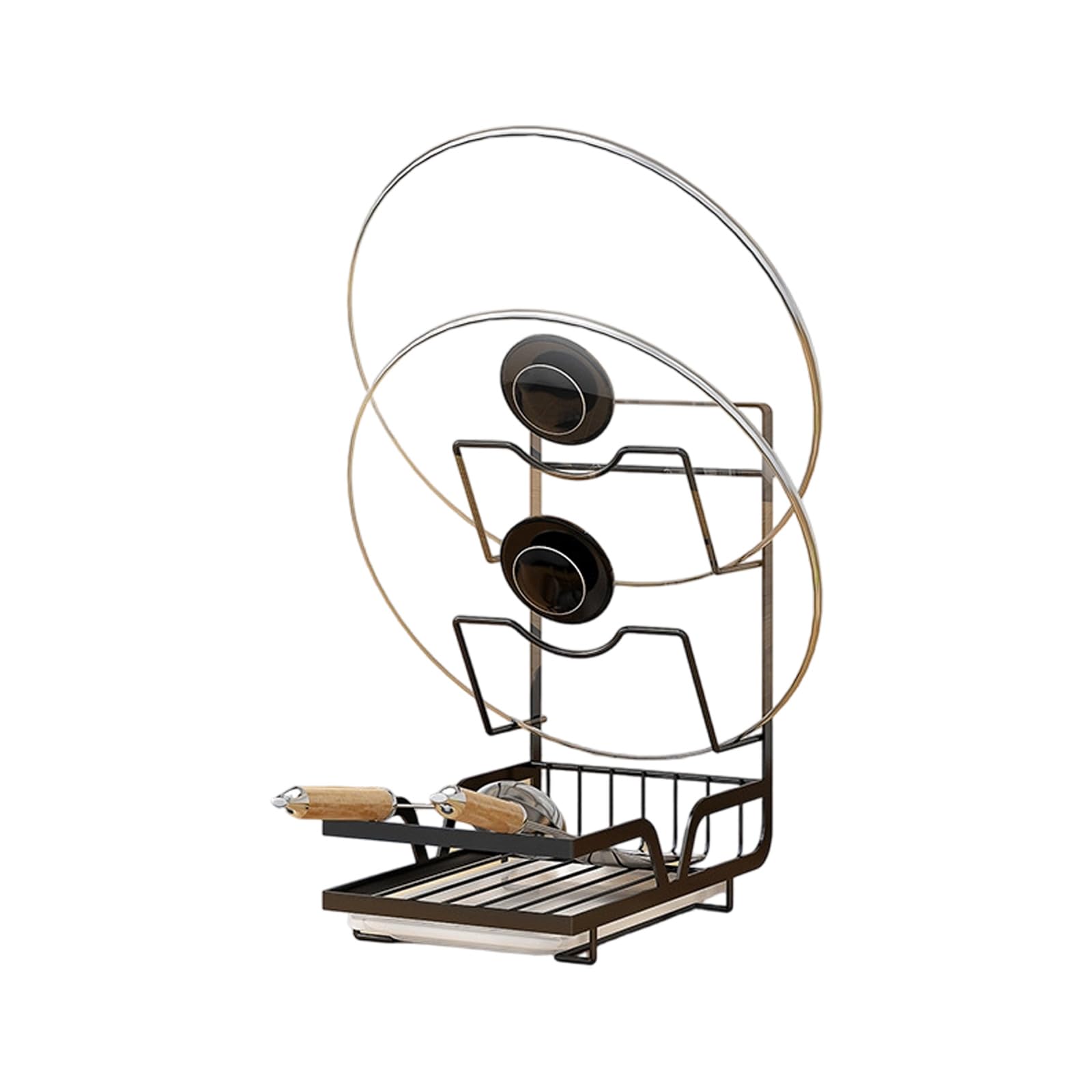 Kitchen Lid Holder Rack with Tiered Slots, Metal Cookware Lid and Utensil Organizer for Countertop Mount Use Rack Cookware Cover Holder Stand Utensil Spoon Drip Tray Organizer Sink Side Storage Area