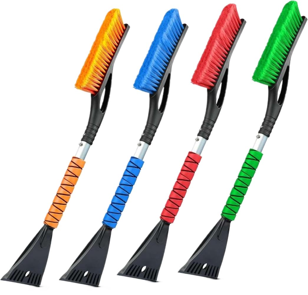 Rascador y Cepillo de Nieve para Coche de Aluminio de 27 Pulgadas con Agarre de Espuma, Paquete de 4 en Naranja, Rojo, Verde y Azul