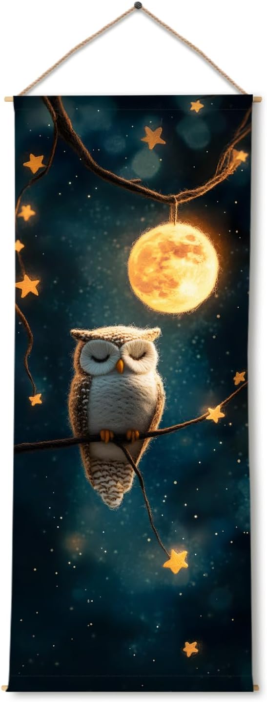 - PAPER PLANE DESIGN Cute Owl Under Moon Wall Tapestry – Starry Night Hanging, Thick fabric, HD Print, Ready to Hang, Wall Décor for Kids room, Size 24 In x 60 In (C)