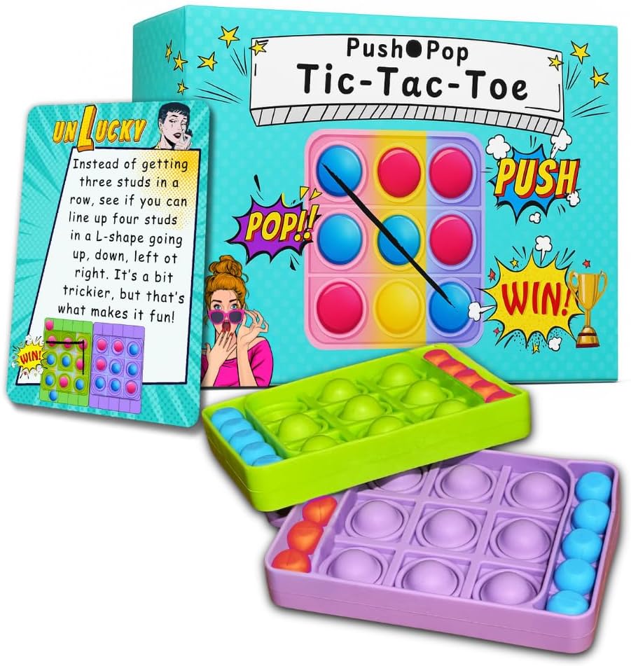 6-in-1 Pop Bubble Tic Tac Toe Fidget Game Set. 2 Pack Silicone Boards with Sensory Pop It Bubbles & Game Cards. Giftable Stress Relief and Fun Toy for Kids; Adults, Families and Classrooms.
