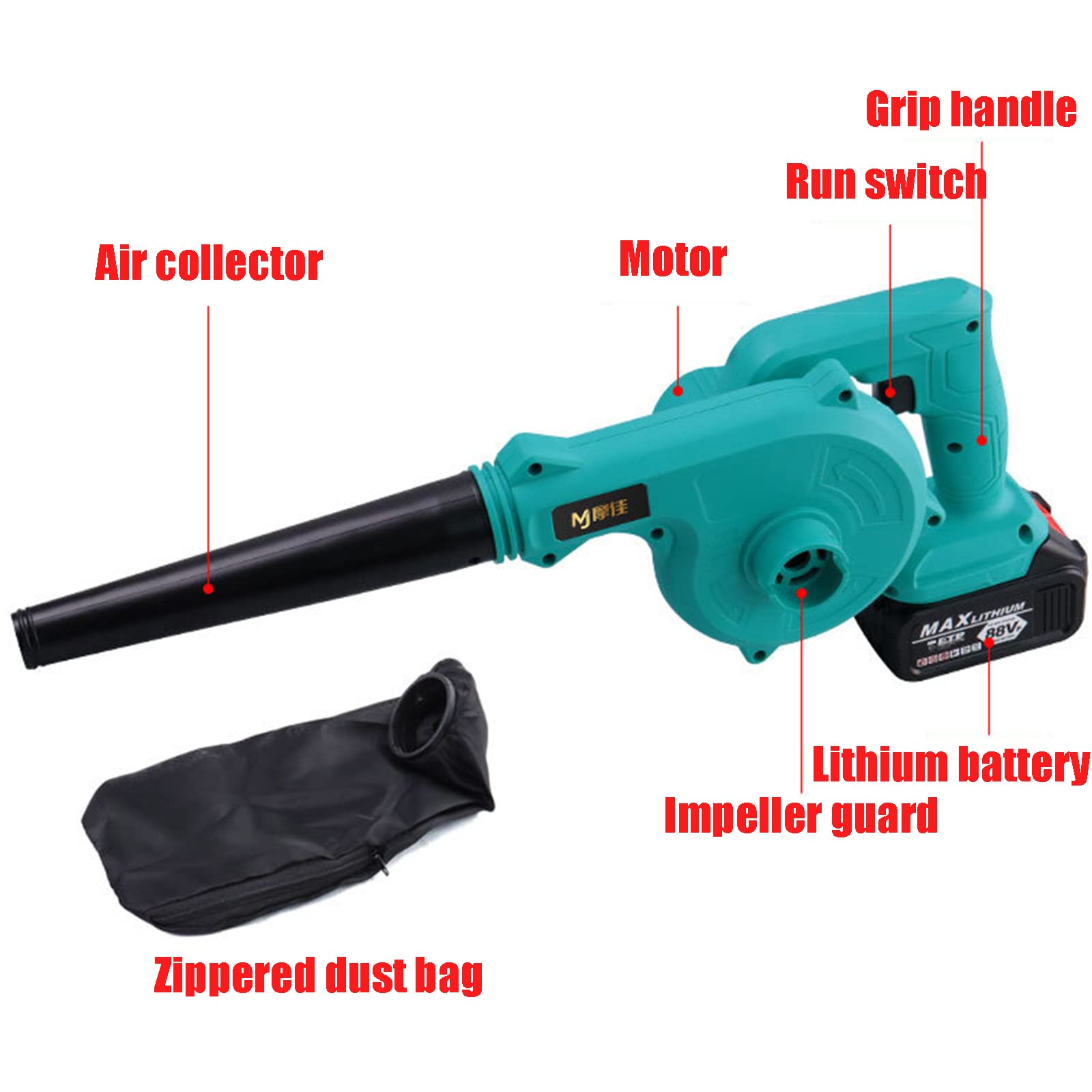 Soffiatore Senza Fili Da 21 V, 3 Ah, Soffiatore Di Foglie, Sacco Di Raccolta/Tubo Extra/Batteria/Caricatore Incluso, Spazzafoglie A Batteria Per Giardino Pulizia Foglie E Polvere