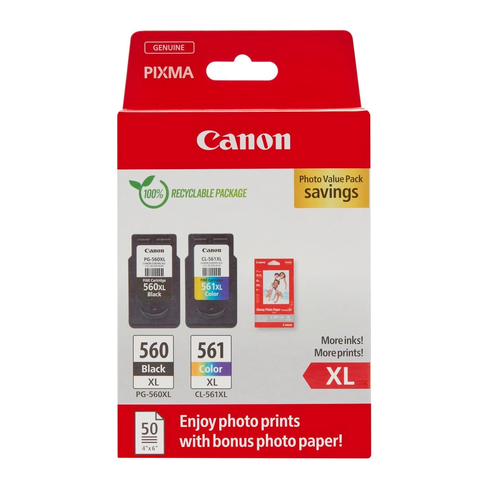 Canon Tinte & Papier Multipack - PG-560XL/CL-561XL Original Drucker Tintenpatronen 2er Pack (1 x Schwarz XL, 1 x Farbe XL druckerpatronen) & 4x6 Fotopapier (50 x Blatt)