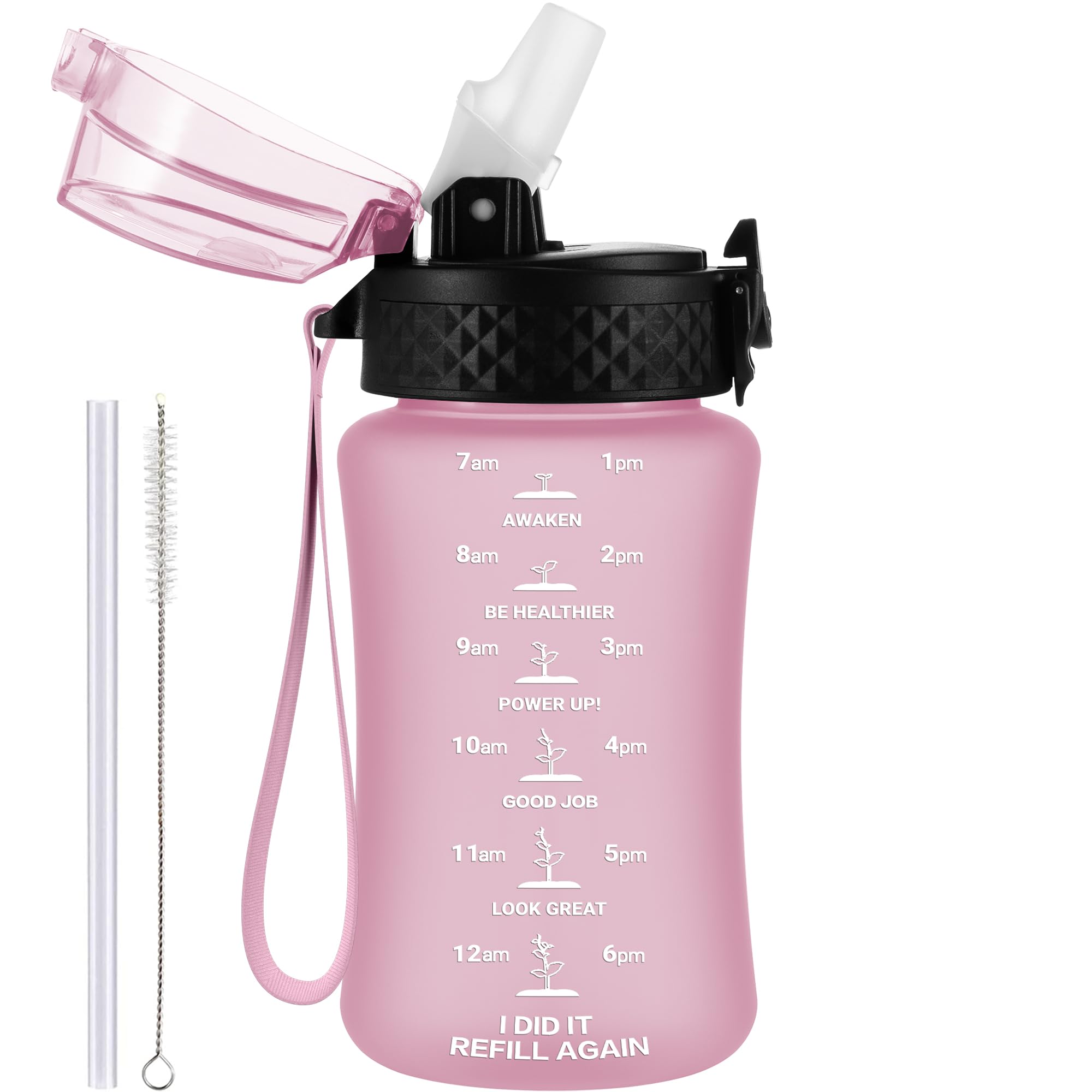 GOPPUS 350ml/12oz Kids Water Bottle With Straw Tritan Drinks Bottle with Strap Small Toddler Juice Bottles with Flip Top Lid Leakproof Children's Cup with Time Marking BPA free Girl Boy (Pink) — image 1