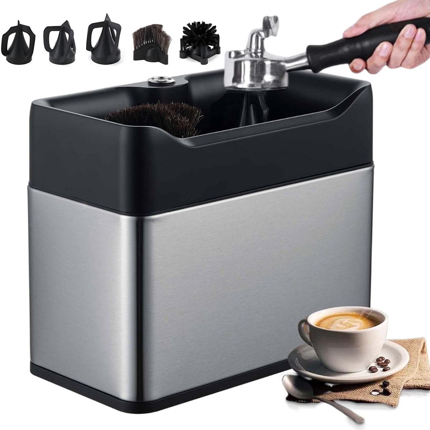 Elektrischer Siebträgerreiniger, 3 Liter, mit 3 Schabern und 2 Bürstenköpfen, 300 U/min, für 58-mm- und 51-mm-Siebträger, automatische Kaffeesatzreinigungsmaschine Silver