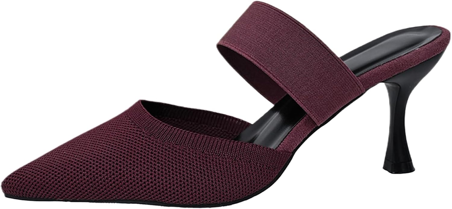 Womens Knit Pointed Kitten Heeled Mules Fashion Comfortable Elastic Strap Slip On Slingback Closed Toe Kitten Heeled Sandals For Wedding Party Daily Casual Wear