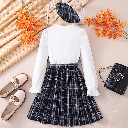Image of Toddler Little Girl's Long Ruffle Sleeve Solid Top and Plaid Belted A-line Skirt Set with Hat