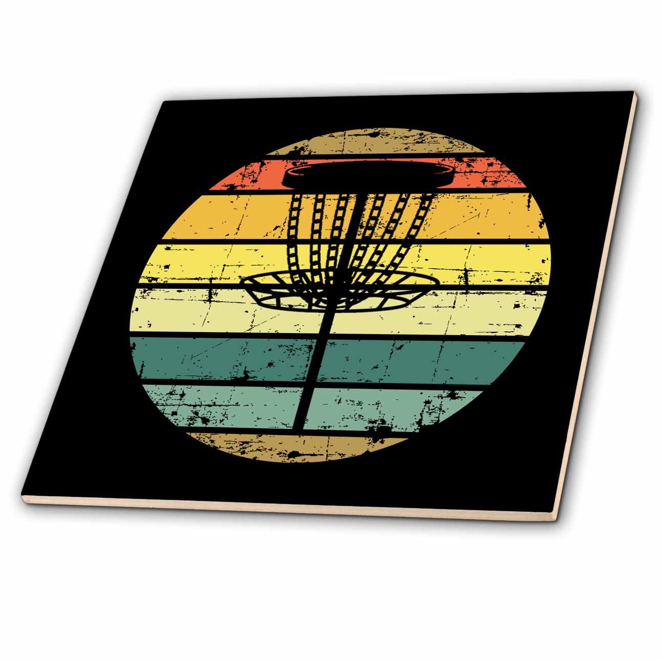 8 Inch Glass Tile - Black disc Golf Basket Over Retro Striped Circle on Black Background. Stamp City - Typography - disc Golf