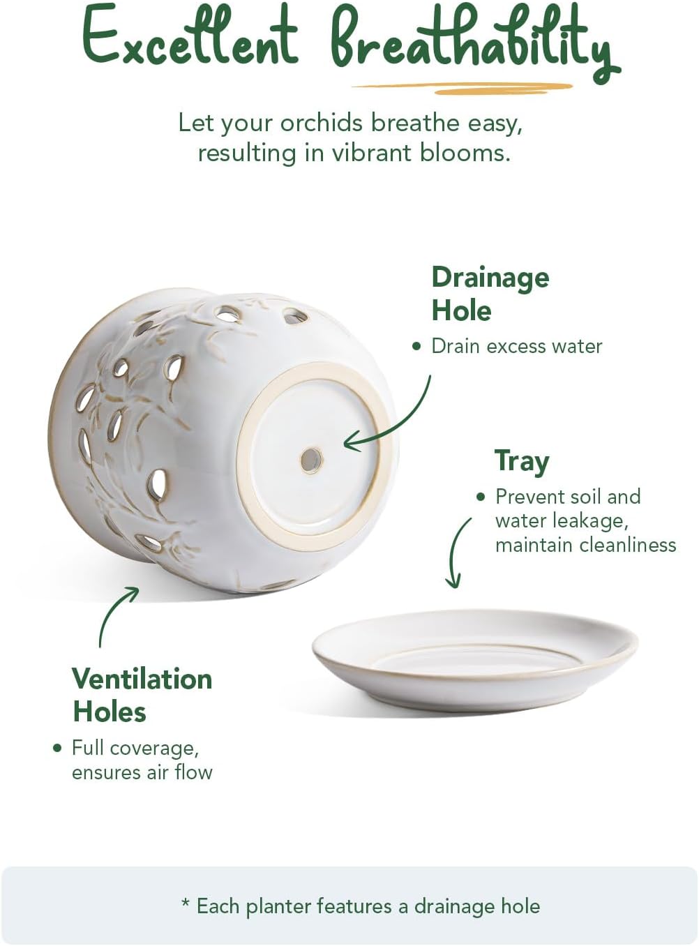 LE TAUCI Ceramic Orchid Pot, 6.5 Inch Orchid Planter with Holes for Repotting, Indoor Flower Plant Pot with Drainage and Saucer, Arctic White