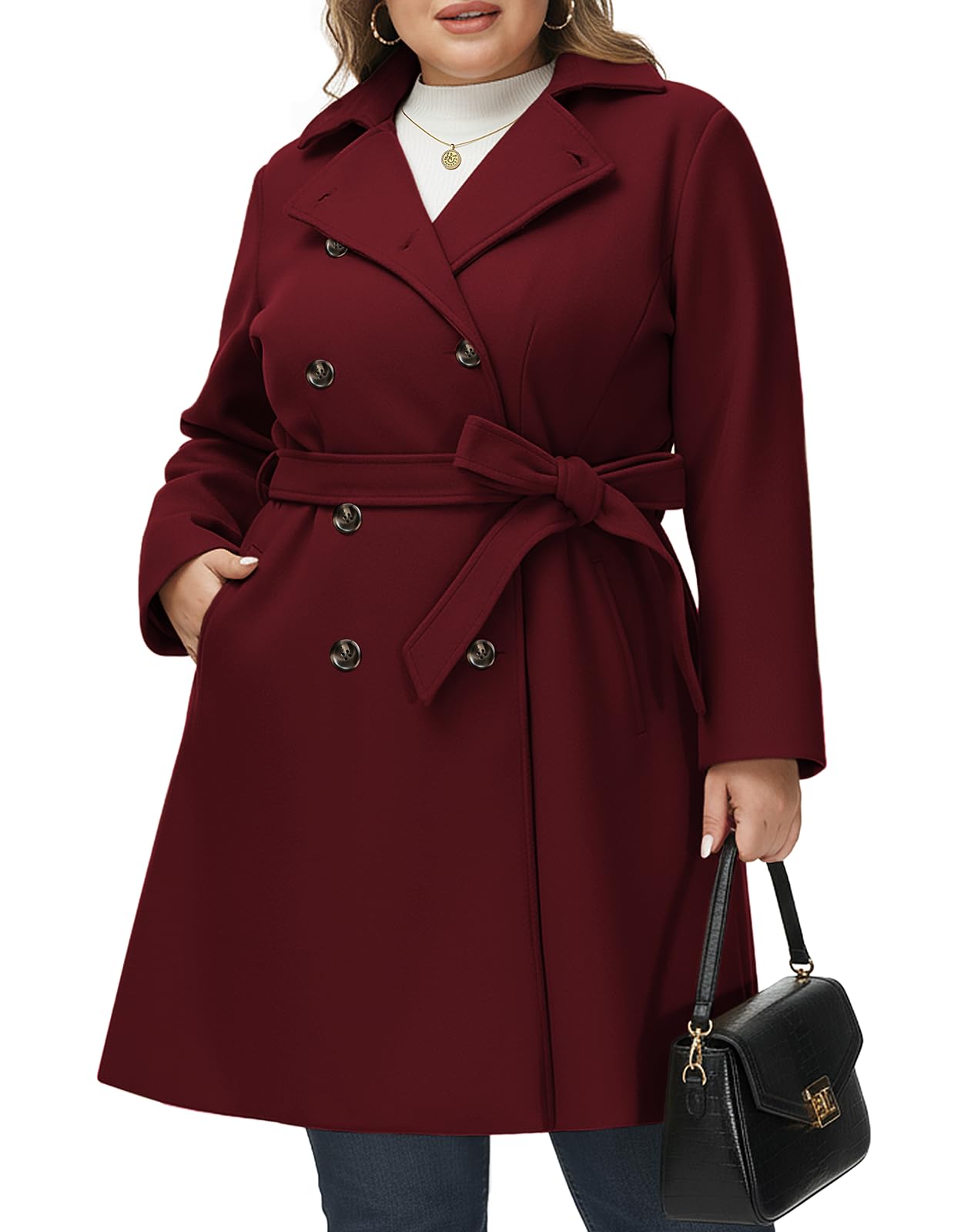 Hanna Nikole Women Plus Size Double Breasted Winter Coat with Belted