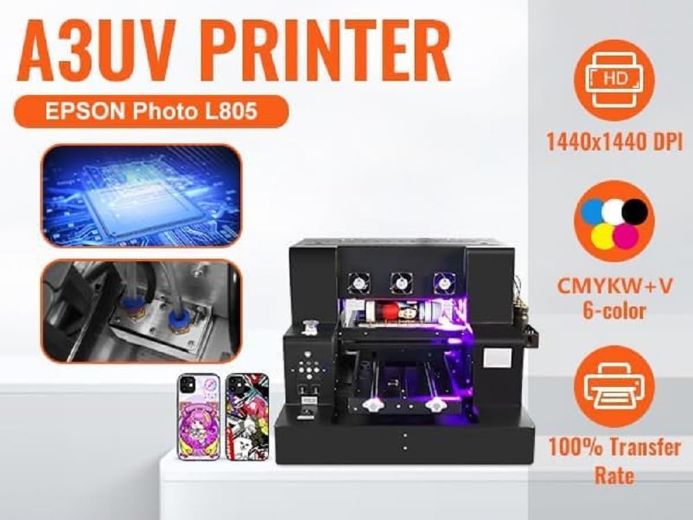 UV Drucker A3, uv Drucker Farbe mit Rotation Flachbett Inkjet UV Printer A3-L805 USB 1440 x 1440 DPI 220V C, M, Y, K, W, V für Flaschen/Papier/Telefon Fall/PVC/UVDTF/Acryl/Holz etc.(Ohne Tinte)