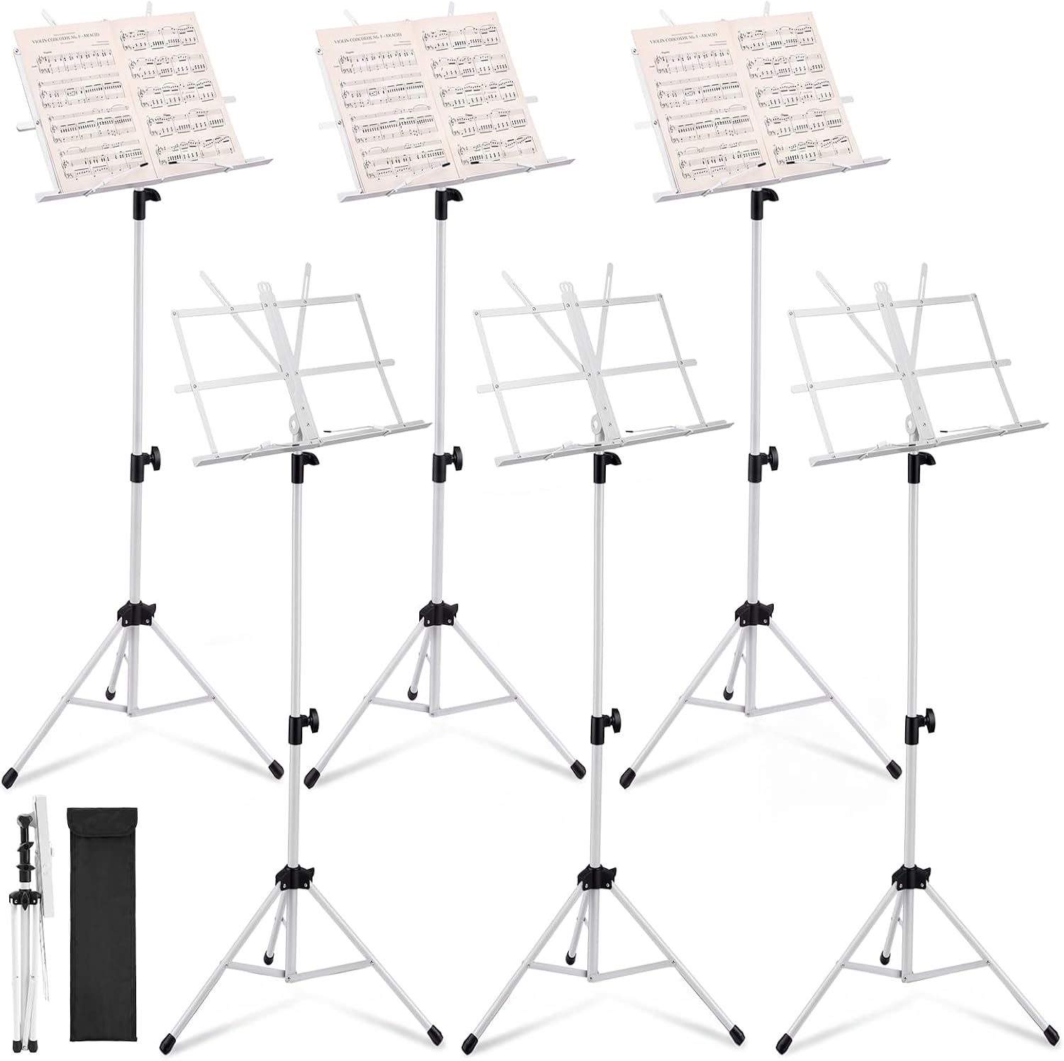 Threehoney 6 Pack Portable Folding Music Stand with Carrying Bags, White