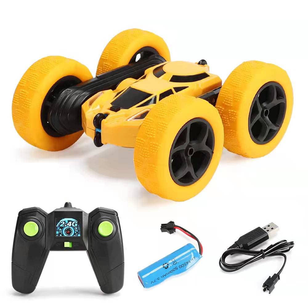 M&J&DELEE Remote Control Car Toys, 4WD 2.4 Ghz High Speed Electric RC Stunt Trucks, 360° Double-Side Spinning & Tumbling, LED Headlight, Double Side Roll, Kids Toy Car for Boys and Girls (Yellow)
