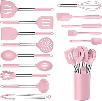 Silicone Utensils Set, Onader 15pcs Kitchen Cooking Utensils with Holder, Non-stick Cookware with Stainless Steel Handle, Kitchen Gadgets Tools Gift - Pink