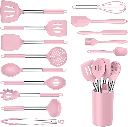 Miniatura 11 de Onader Juego de 15 utensilios de cocina de silicona, juego de espátulas rojas para utensilios de cocina con soporte, herramientas y accesorios Rojo