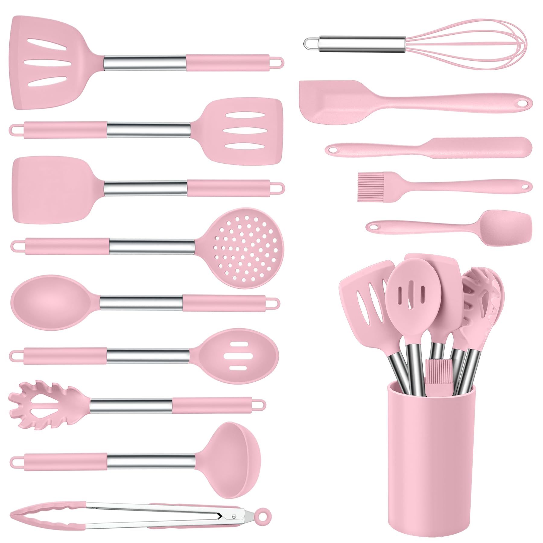 Silicone Utensils Set, Onader 15pcs Kitchen Cooking Utensils with Holder, Non-stick Cookware with Stainless Steel Handle, Kitchen Gadgets Tools Gift - Pink